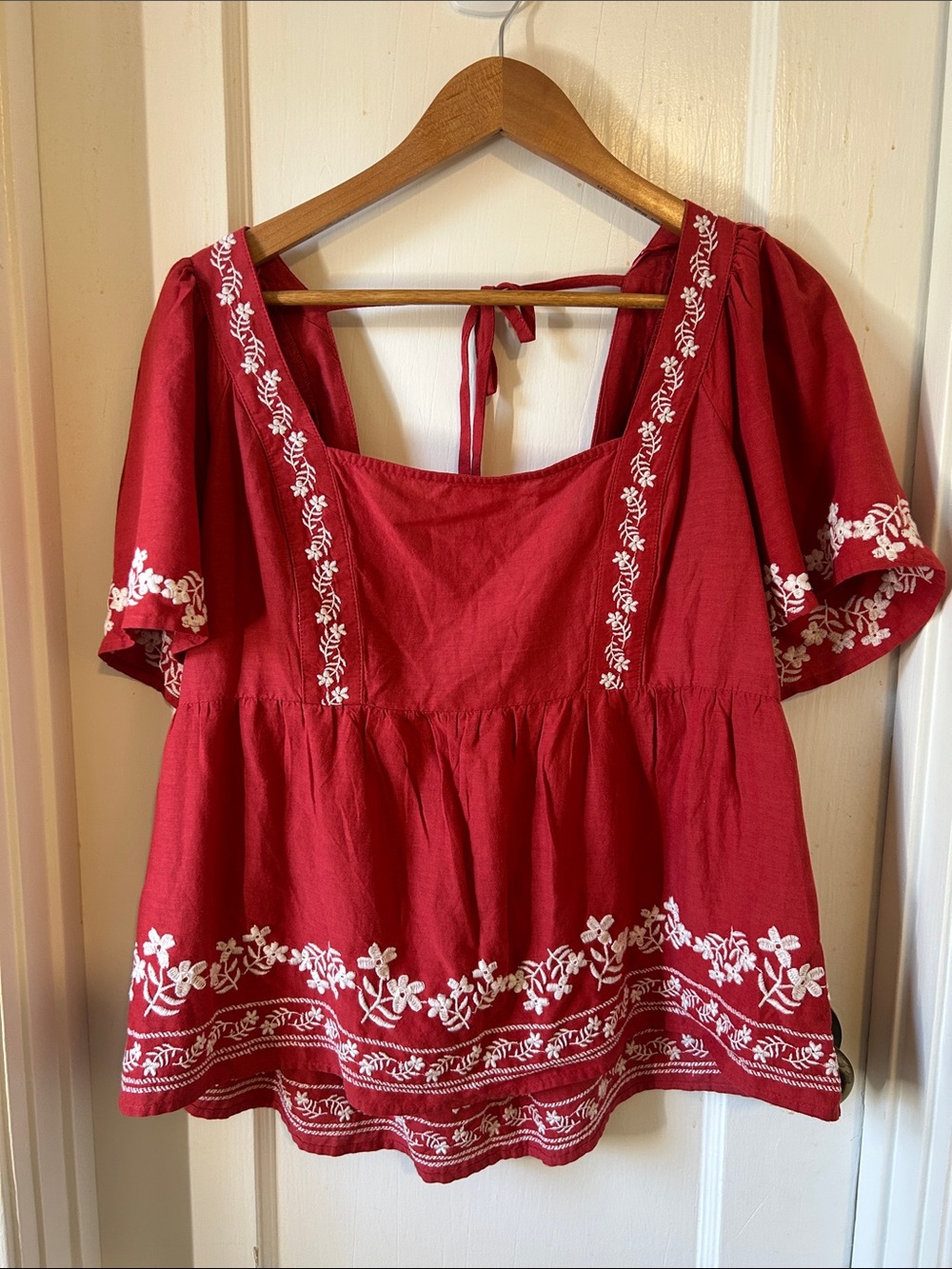 Old Navy Red Embroidered Square-Neck Peasant Top